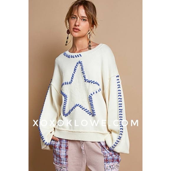 POL Cream with Blue Star Contrast Stitched Relaxed Fit  Sweater - Picture 3 of 13